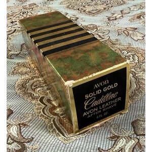 Vtg Avon "Solid Gold Cadillac Avon Leather After Shave" with Original Box FULL